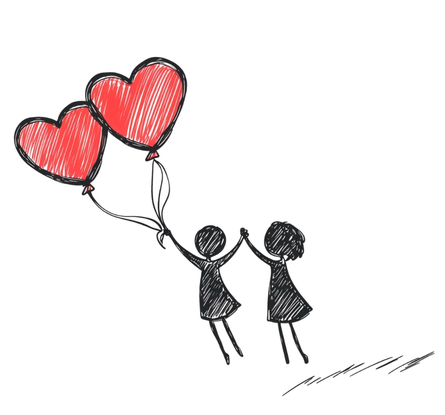 romantic drawing people with red heartshaped balloons